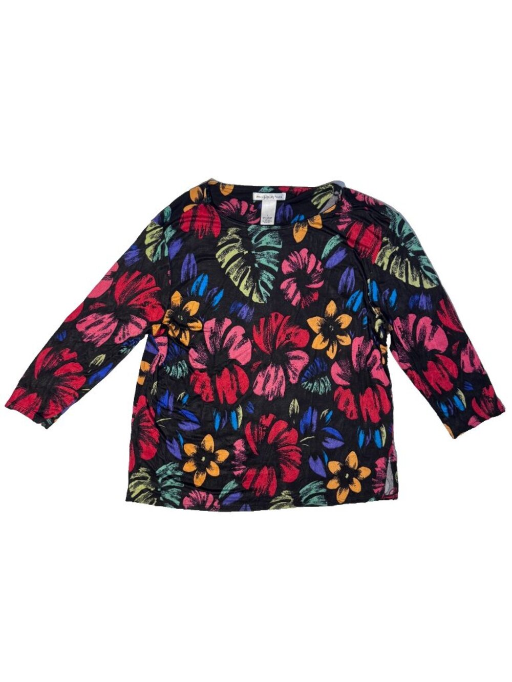 Preston & York Stretchy Black Colorful Floral Print Top - Large